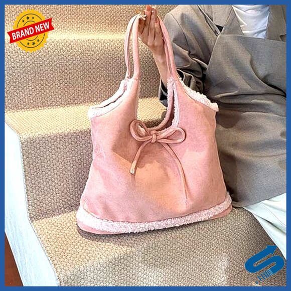 Large Slouchy Hobo Tote Bag with Sherpa Trim, Faux Suede Shoulder Purse - Picture 6 of 7